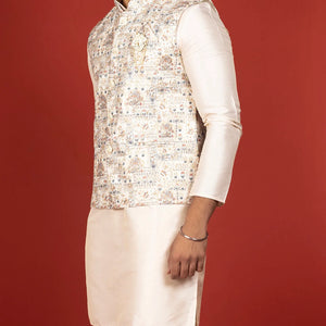 Cream Three Piece Kurta Set With Straight Fit Pants And Nehru Jacket-Cream