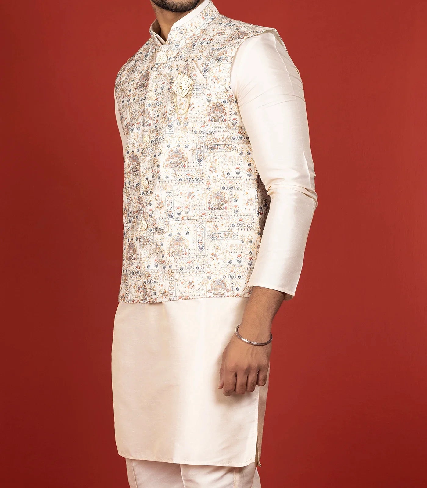 Cream Three Piece Kurta Set With Straight Fit Pants And Nehru Jacket-Cream
