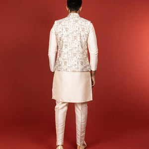 Cream Three Piece Kurta Set With Straight Fit Pants And Nehru Jacket-Cream