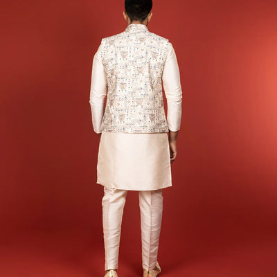 Cream Three Piece Kurta Set With Straight Fit Pants And Nehru Jacket-Cream