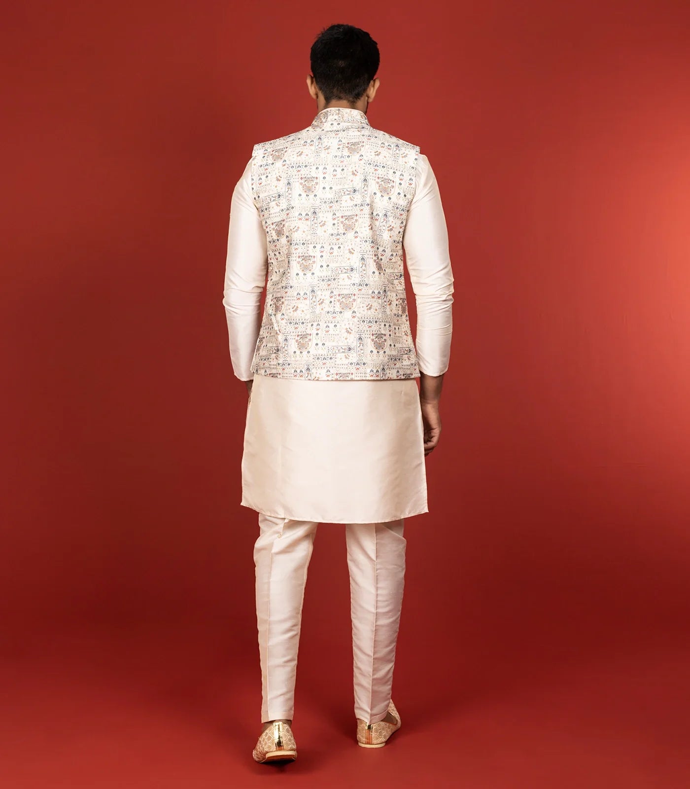 Cream Three Piece Kurta Set With Straight Fit Pants And Nehru Jacket-Cream