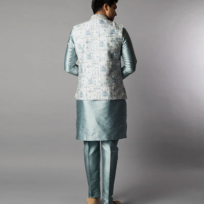Light Grey Kurta Set With Straight Fit Pants And Nehru Jacket-Grey
