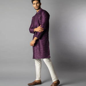 Royal Violet Tonal Embroidered Kurta With White Straight Fit Pants-Violet