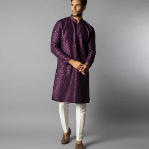 Royal Violet Tonal Embroidered Kurta With White Straight Fit Pants-Violet