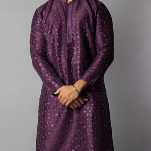 Royal Violet Tonal Embroidered Kurta With White Straight Fit Pants-Violet