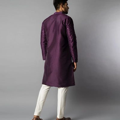 Royal Violet Tonal Embroidered Kurta With White Straight Fit Pants-Violet