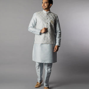 Glacier Grey Kurta Set With Straight Fit Pants And Nehru Jacket-Grey