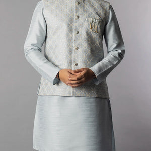 Glacier Grey Kurta Set With Straight Fit Pants And Nehru Jacket-Grey
