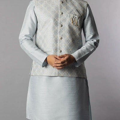 Glacier Grey Kurta Set With Straight Fit Pants And Nehru Jacket-Grey