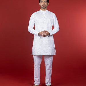 Crisp White Kurta With Tonal Embroidery -White