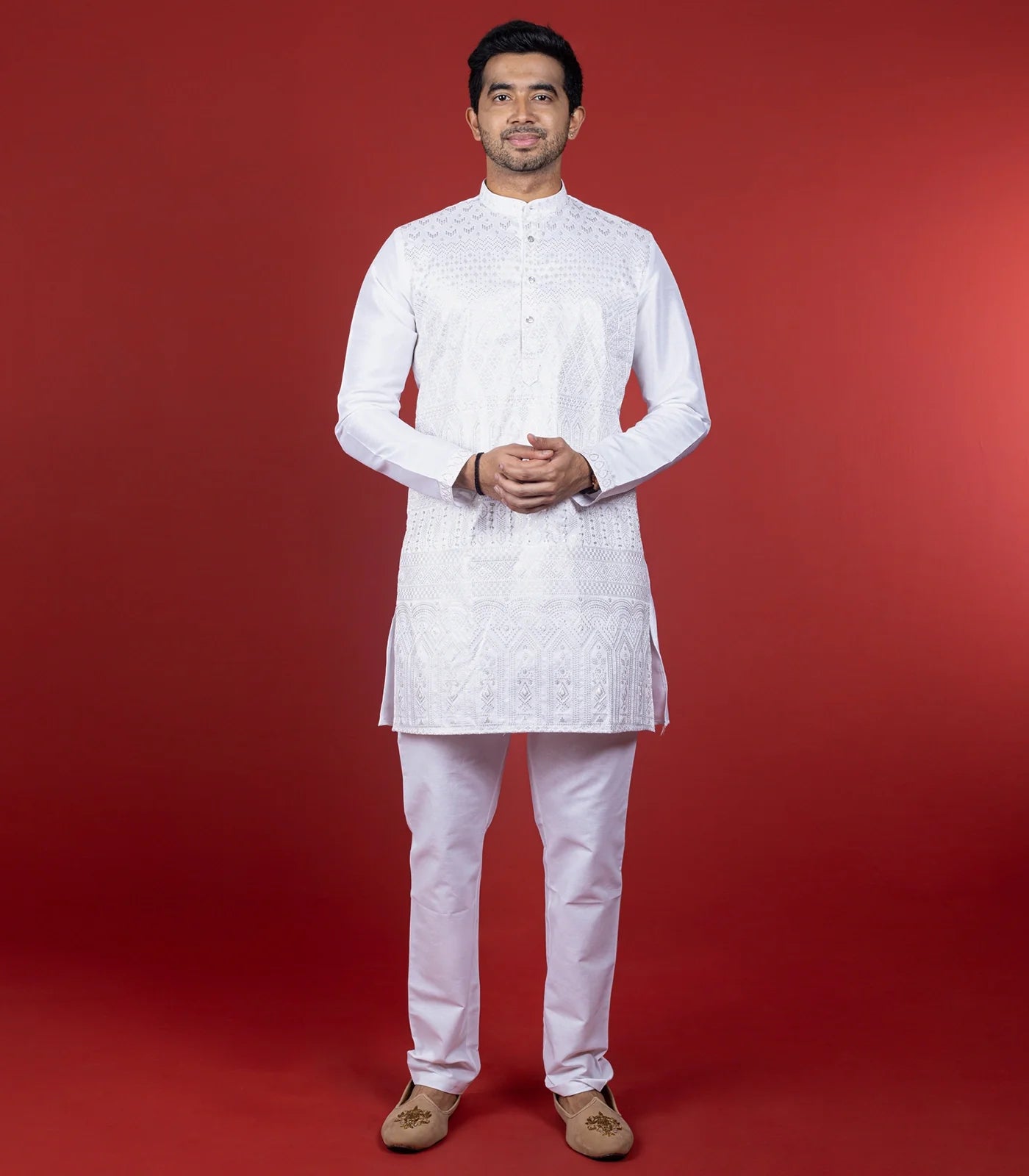 Crisp White Kurta With Tonal Embroidery -White