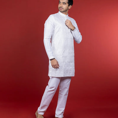 Crisp White Kurta With Tonal Embroidery -White