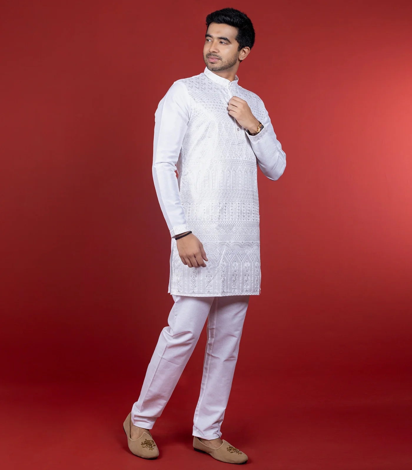 Crisp White Kurta With Tonal Embroidery -White