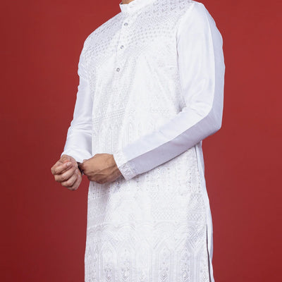 Crisp White Kurta With Tonal Embroidery -White