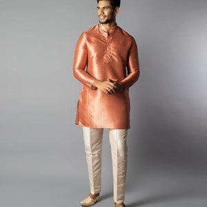 Peach Jacquard Kurta With Mandarin Collar-Peach