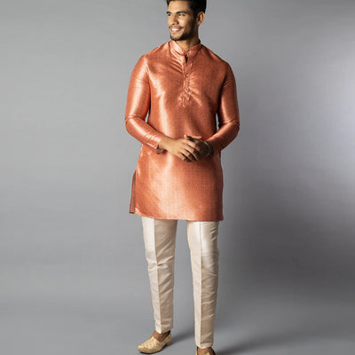 Peach Jacquard Kurta With Mandarin Collar-Peach
