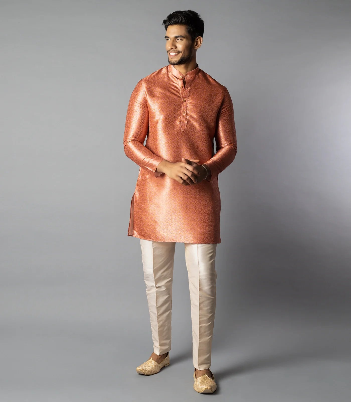 Peach Jacquard Kurta With Mandarin Collar-Peach