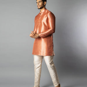 Peach Jacquard Kurta With Mandarin Collar-Peach