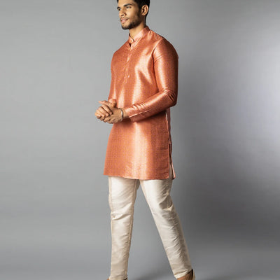 Peach Jacquard Kurta With Mandarin Collar-Peach