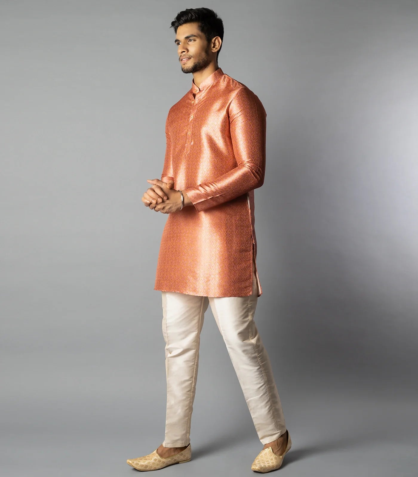 Peach Jacquard Kurta With Mandarin Collar-Peach