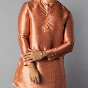 Peach Jacquard Kurta With Mandarin Collar-Peach