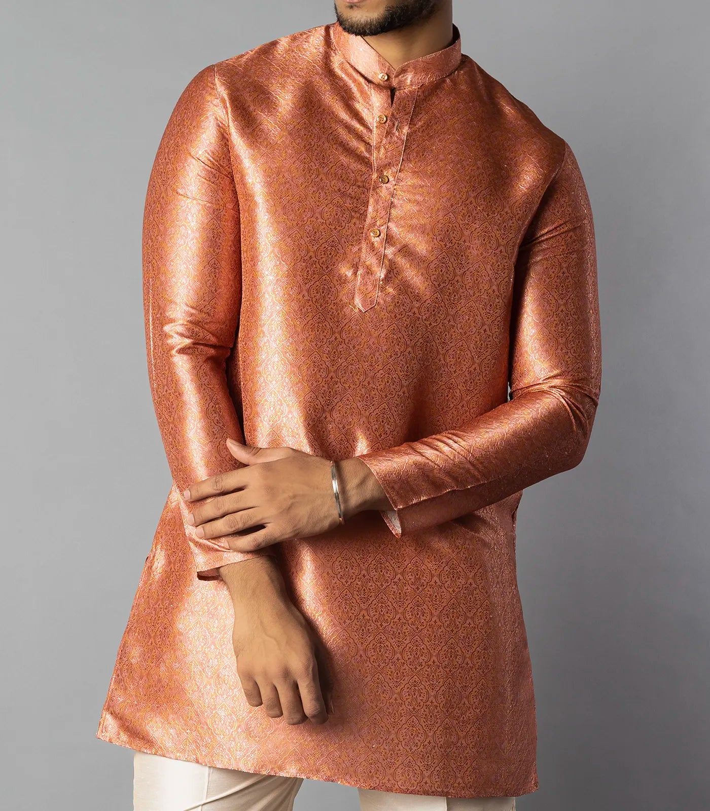 Peach Jacquard Kurta With Mandarin Collar-Peach