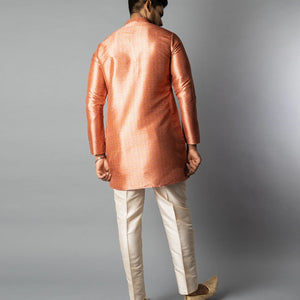 Peach Jacquard Kurta With Mandarin Collar-Peach