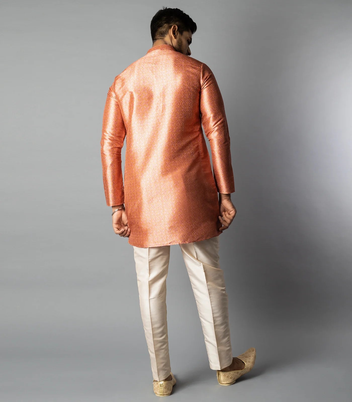 Peach Jacquard Kurta With Mandarin Collar-Peach