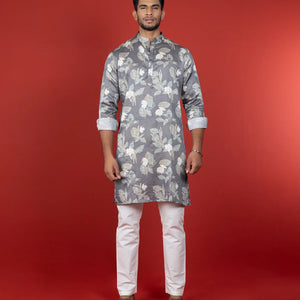 Grey Floral Printed Kurta -Grey
