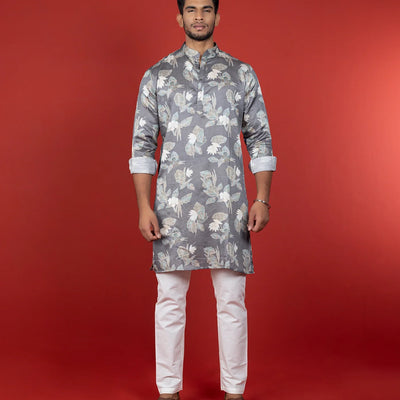 Grey Floral Printed Kurta -Grey