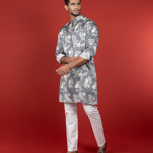 Grey Floral Printed Kurta -Grey
