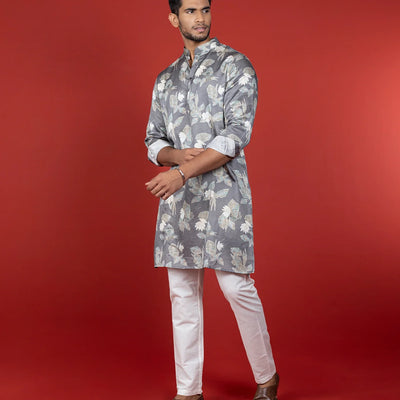 Grey Floral Printed Kurta -Grey