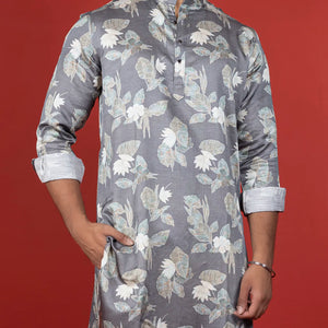 Grey Floral Printed Kurta -Grey