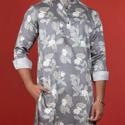 Grey Floral Printed Kurta -Grey