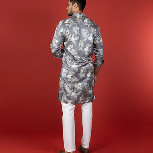 Grey Floral Printed Kurta -Grey