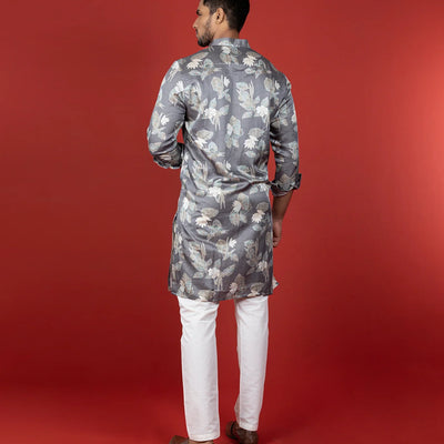 Grey Floral Printed Kurta -Grey