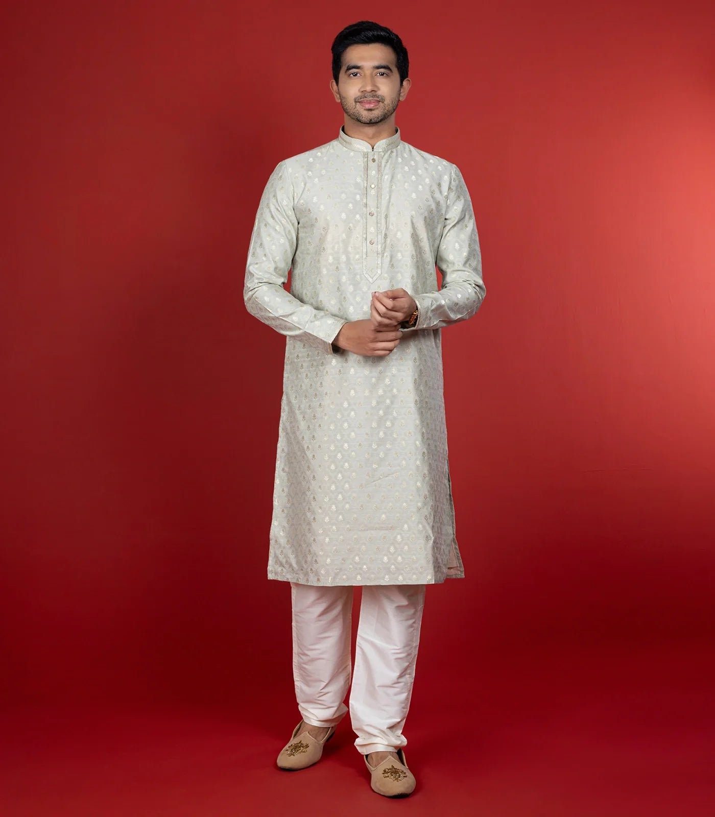Ivory Kurta With Sequin Embellishment And White Chudidar-Ivory