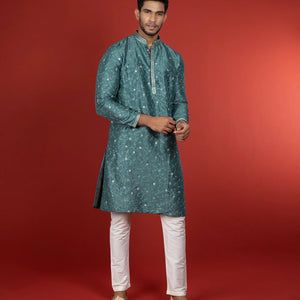 Stone Blue Kurta With White Straight Fit Pants-Blue