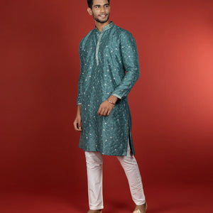 Stone Blue Kurta With White Straight Fit Pants-Blue