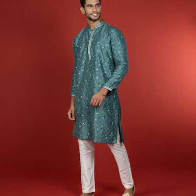 Stone Blue Kurta With White Straight Fit Pants-Blue