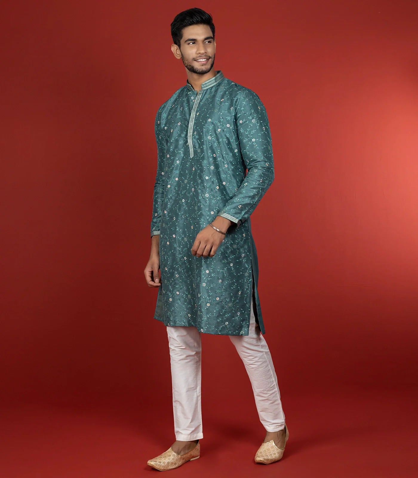 Stone Blue Kurta With White Straight Fit Pants-Blue
