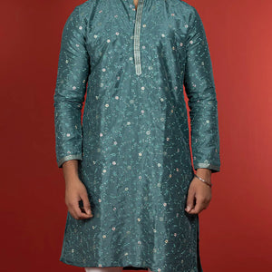 Stone Blue Kurta With White Straight Fit Pants-Blue