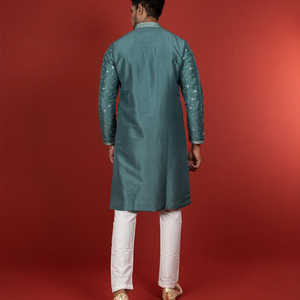 Stone Blue Kurta With White Straight Fit Pants-Blue