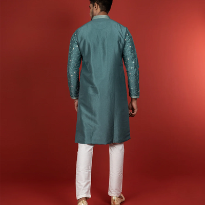 Stone Blue Kurta With White Straight Fit Pants-Blue