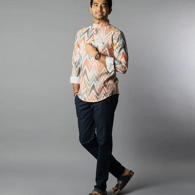 Multi Color Chevron Short Kurta With Mandarin Collar-Multi colour