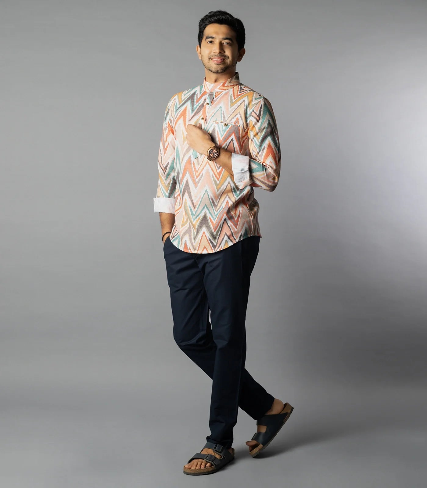 Multi Color Chevron Short Kurta With Mandarin Collar-Multi colour