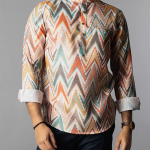 Multi Color Chevron Short Kurta With Mandarin Collar-Multi colour