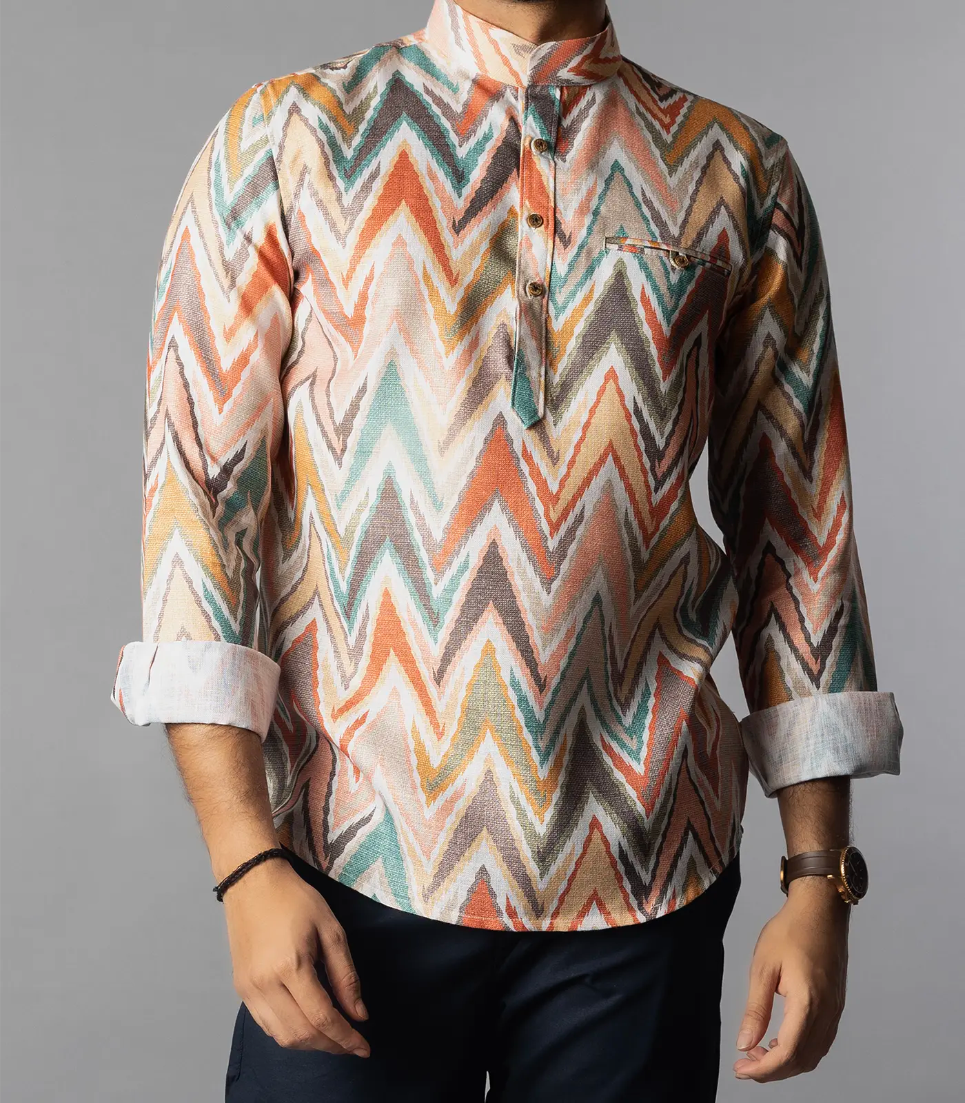 Multi Color Chevron Short Kurta With Mandarin Collar-Multi colour