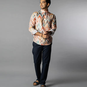 Multi Color Chevron Short Kurta With Mandarin Collar-Multi colour