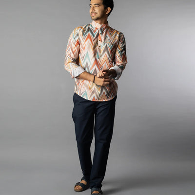 Multi Color Chevron Short Kurta With Mandarin Collar-Multi colour